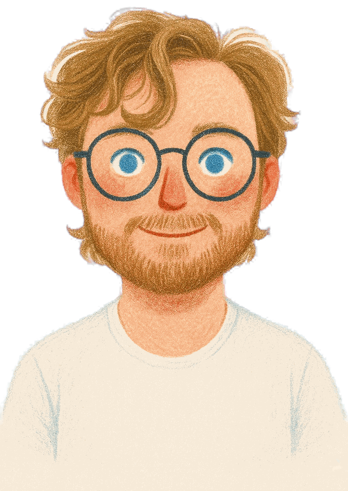 Illustrated portrait of a man with round glasses and a beard